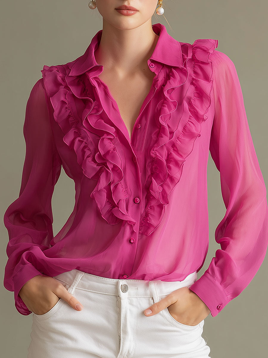 Fashionable Retro Pink Ruffled Chiffon Shirt