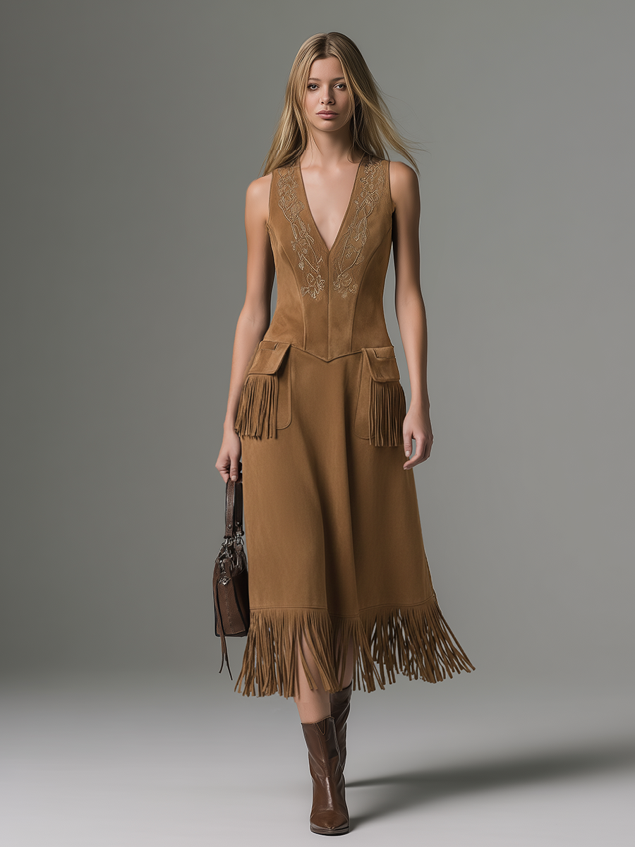 Retro Elegant V-neck Embroidered Tassel Sleeveless Midi Dress