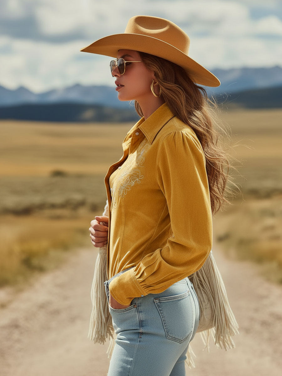 Western Retro Yellow Faux Suede Embroidered Long-Sleeved Shirt