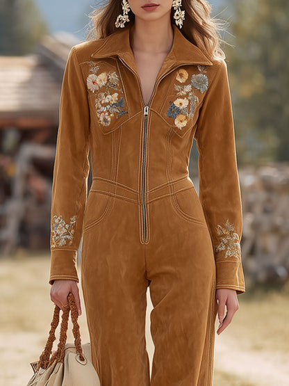 Western Retro Camel Faux Suede Embroidered Long-Sleeved Wide-Leg Jumpsuit