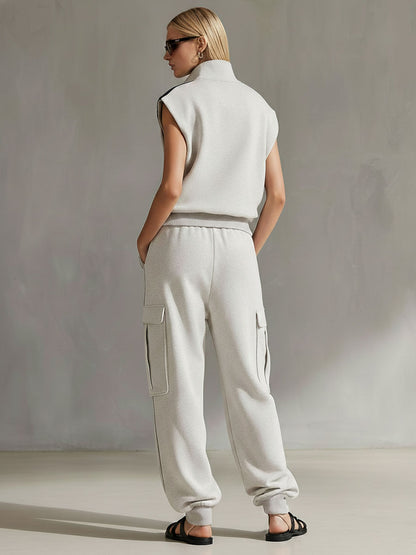 Casual Retro Sporty Gray And White Half-Zip Sleeveless Sweatshirt And Cargo Pants Set
