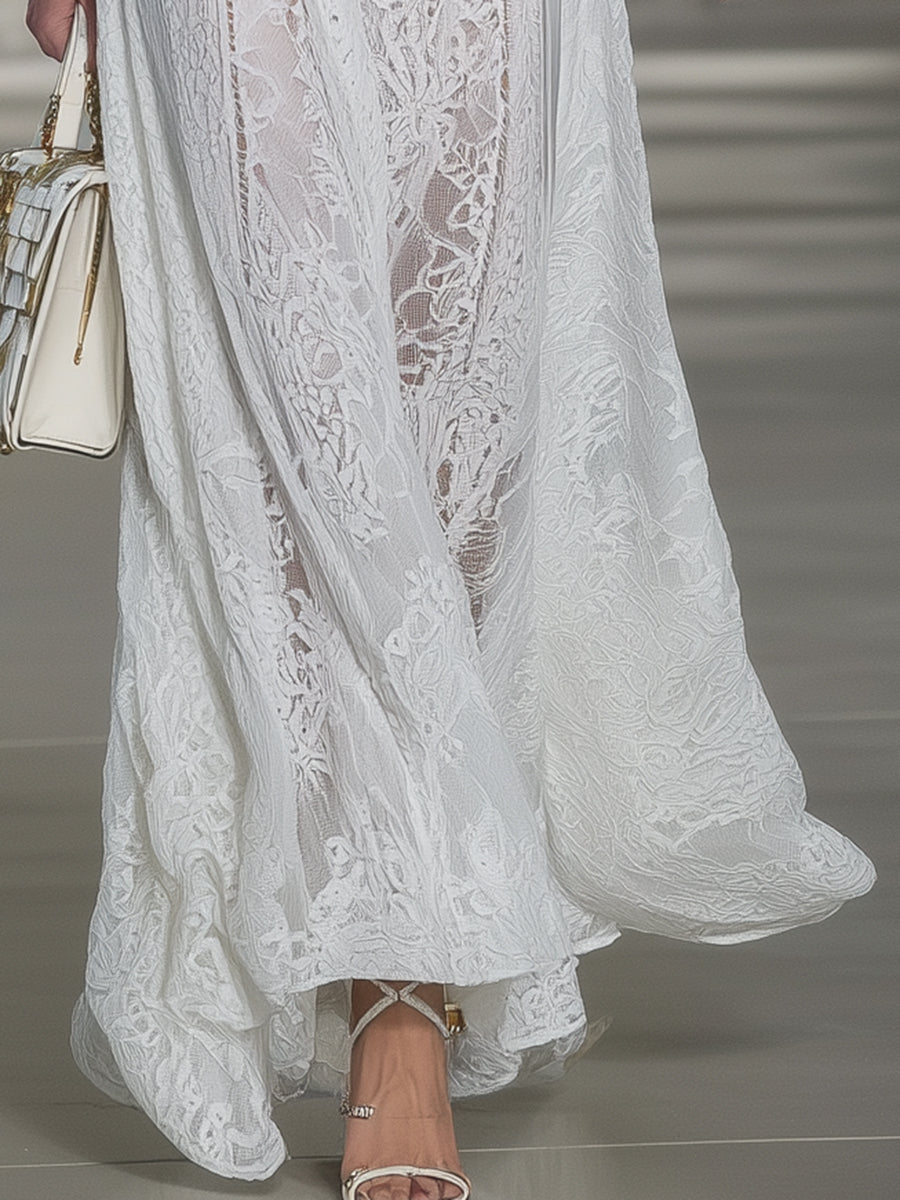 Stylish White Lace Long-sleeved Maxi Dress