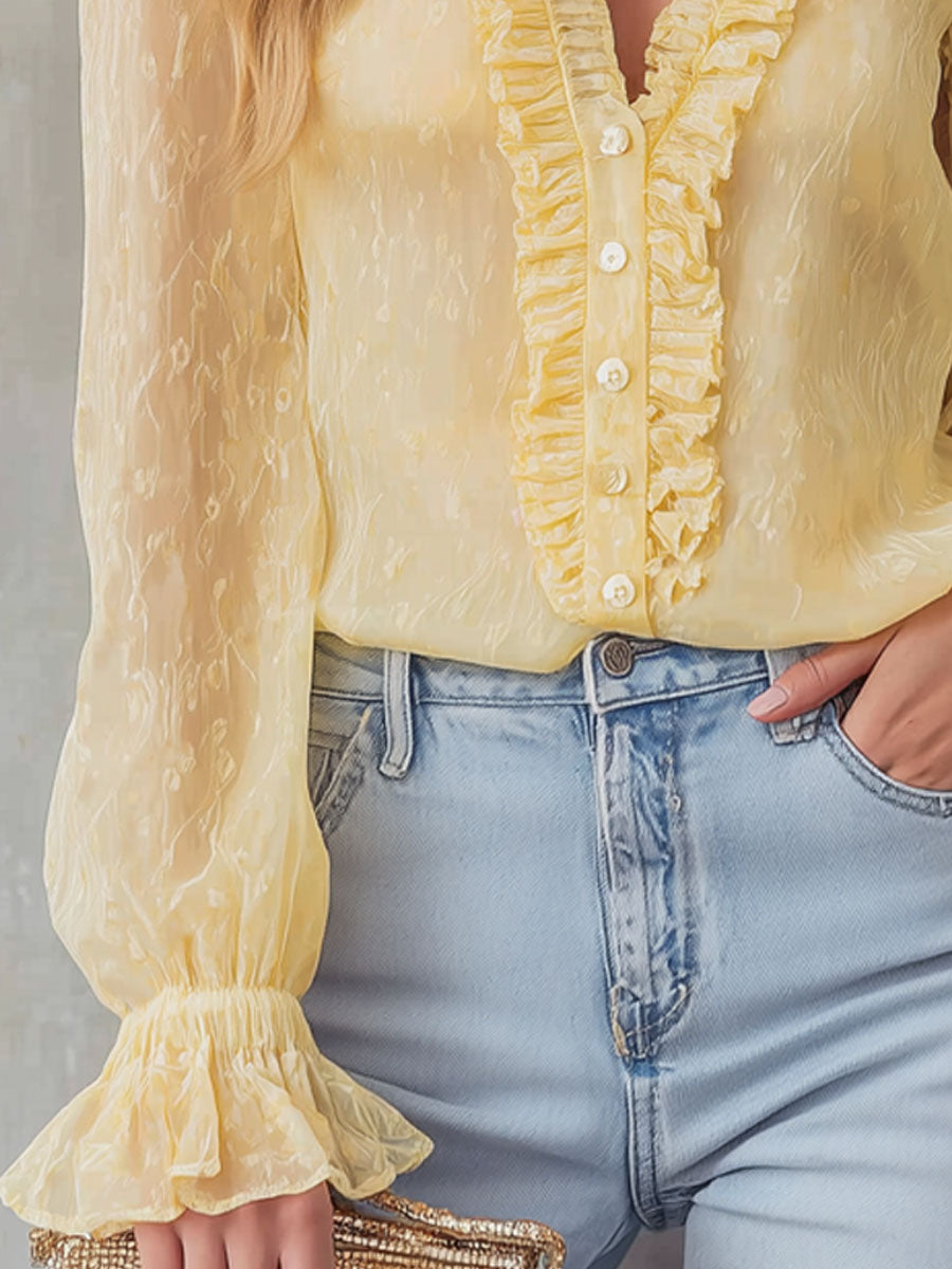 Vintage Printed V-neck Button-down Chiffon Long-sleeved Shirt