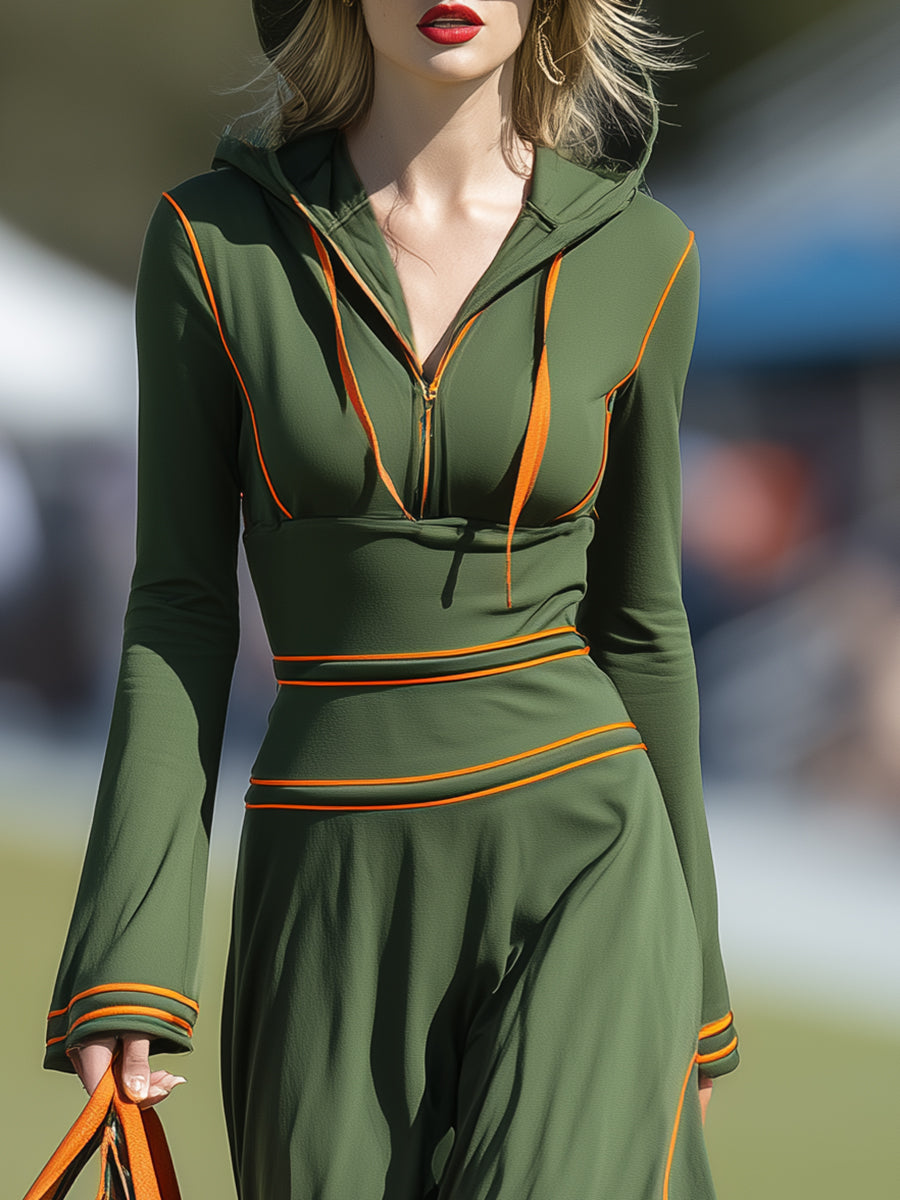 Stylish And Casual Orange-trimmed Green Hooded Sporty Maxi Dress