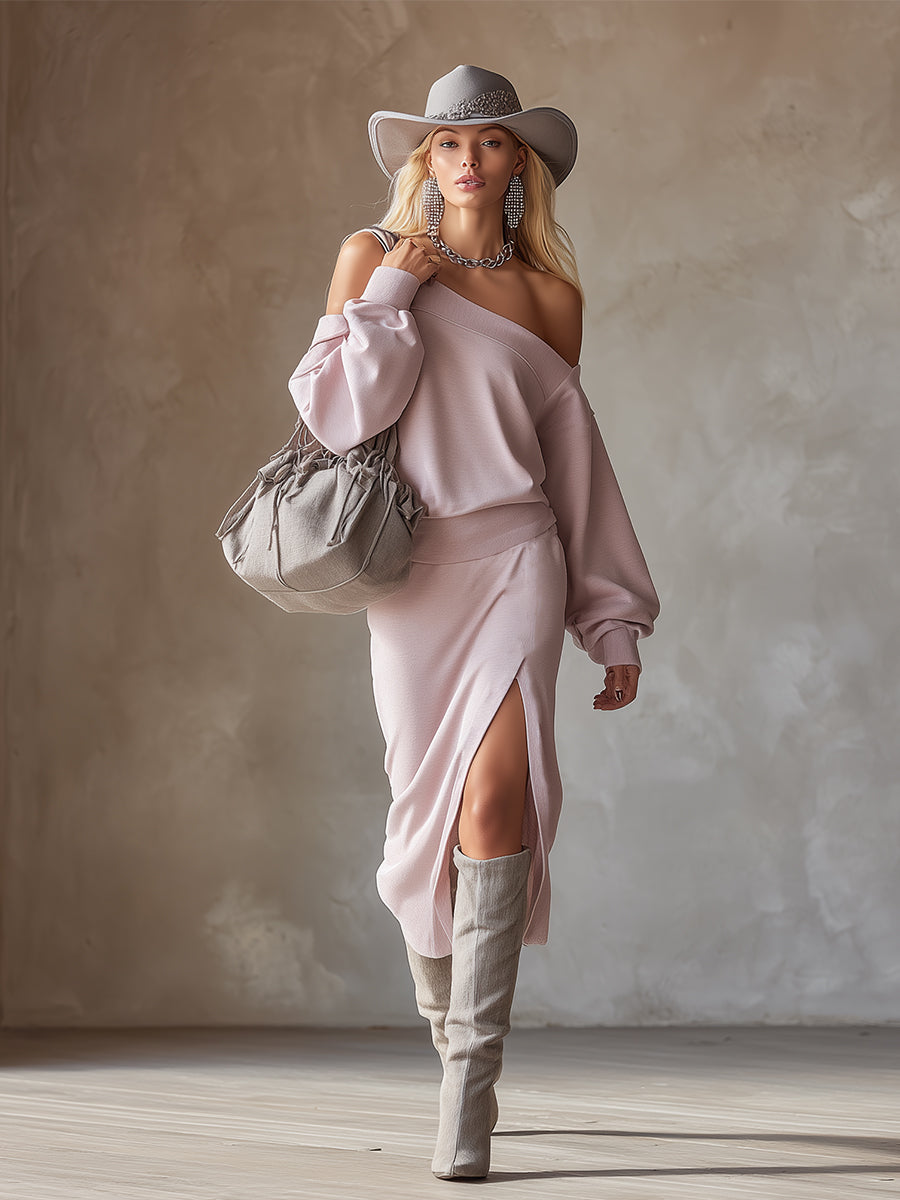 Trendy And Sexy Sporty Off-shoulder Pink Sweatshirt Midi Dress