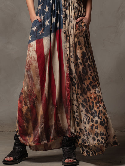 Vacation Retro American Flag Leopard Print Chiffon Sleeveless Maxi Dress