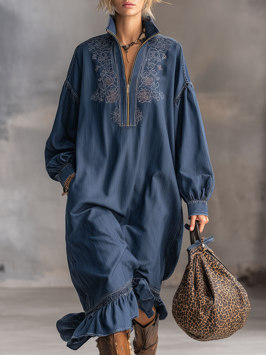 Retro Stand-up Collar Zipper Embroidered Ruffle Washed Denim Midi Dress