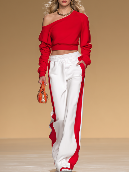 Athletic-style Retro Long-sleeved Sweatshirt And Wide-leg Pants Set