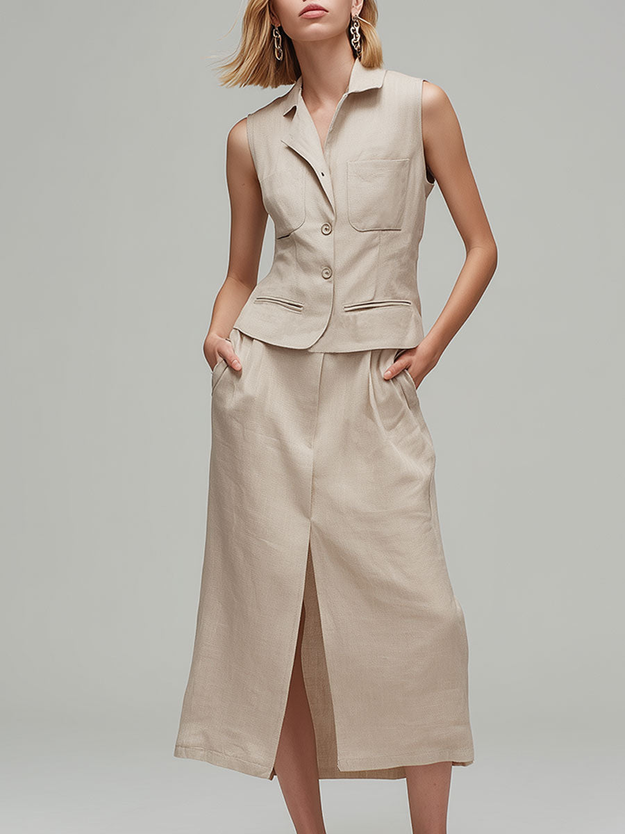 Stylish And Casual Beige Cotton Linen Sleeveless Top And Skirt Set