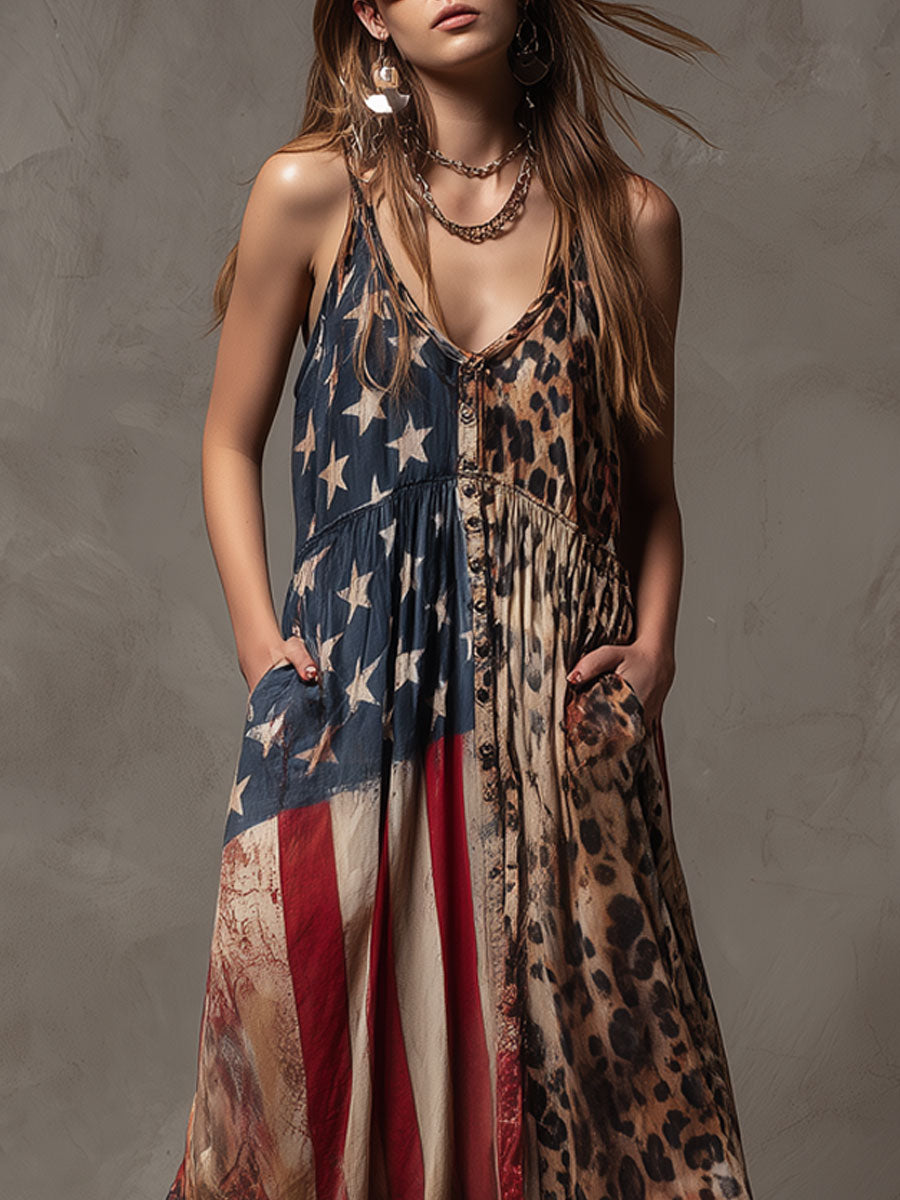 Vacation Retro American Flag Leopard Print Chiffon Sleeveless Maxi Dress