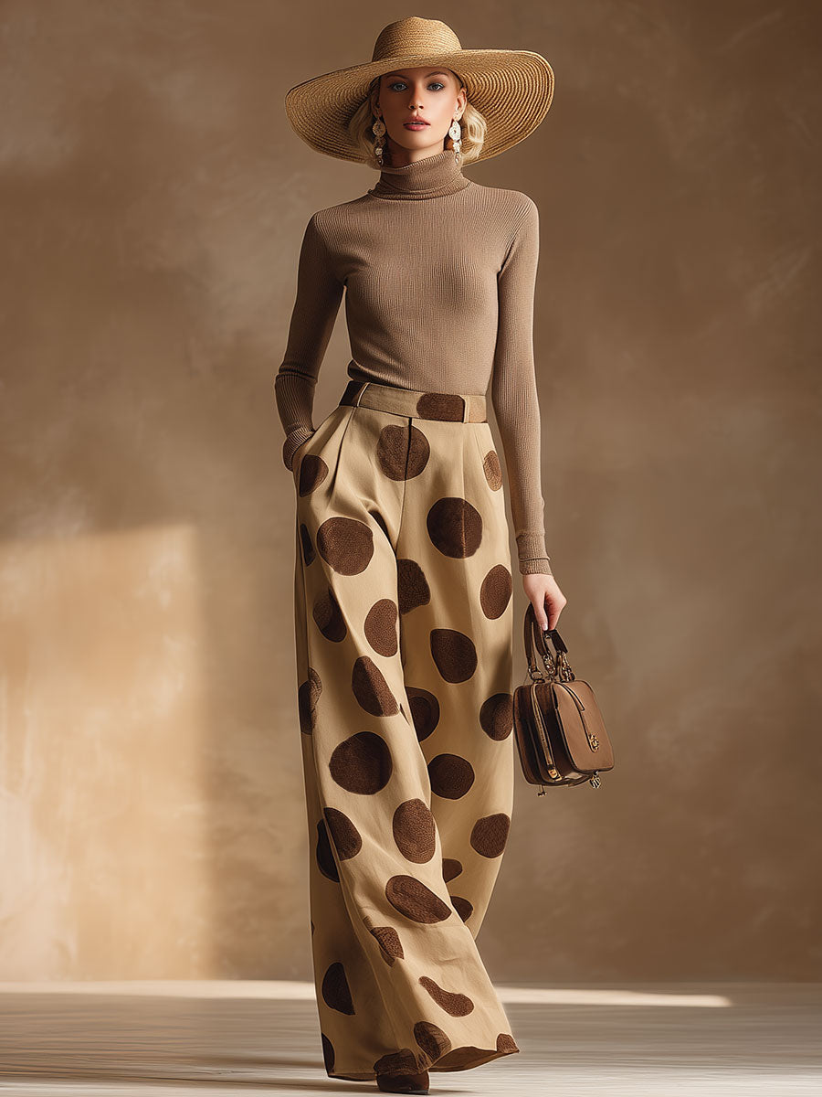 Elegant Vintage-style Brown Knitted Top And Polka Dot Trousers Set