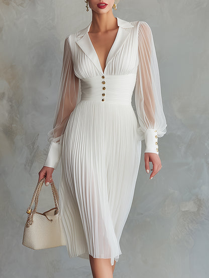Exquisite And Elegant White Chiffon Pleated Midi Dress