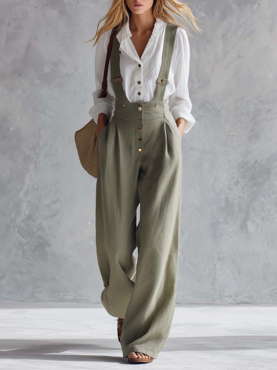 Casual Fashionable Versatile Sage Green Cotton And Linen Wide-leg Pants Overalls