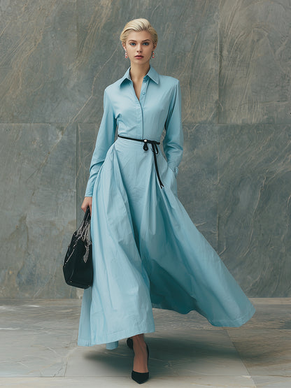 Elegant And Classic Blue Collared Shirt Maxi Dress