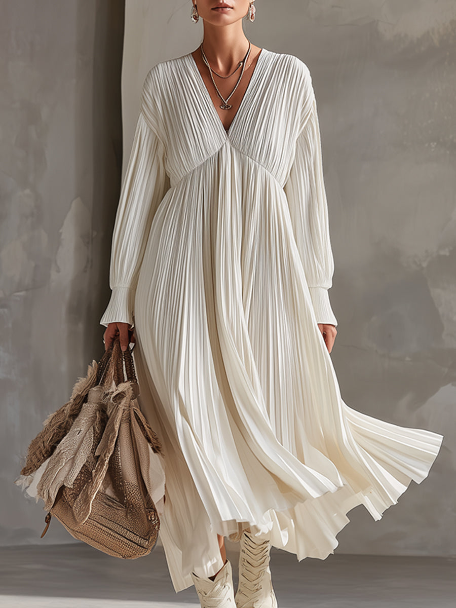 Elegant Urban Silhouette White Pleated Maxi Dress