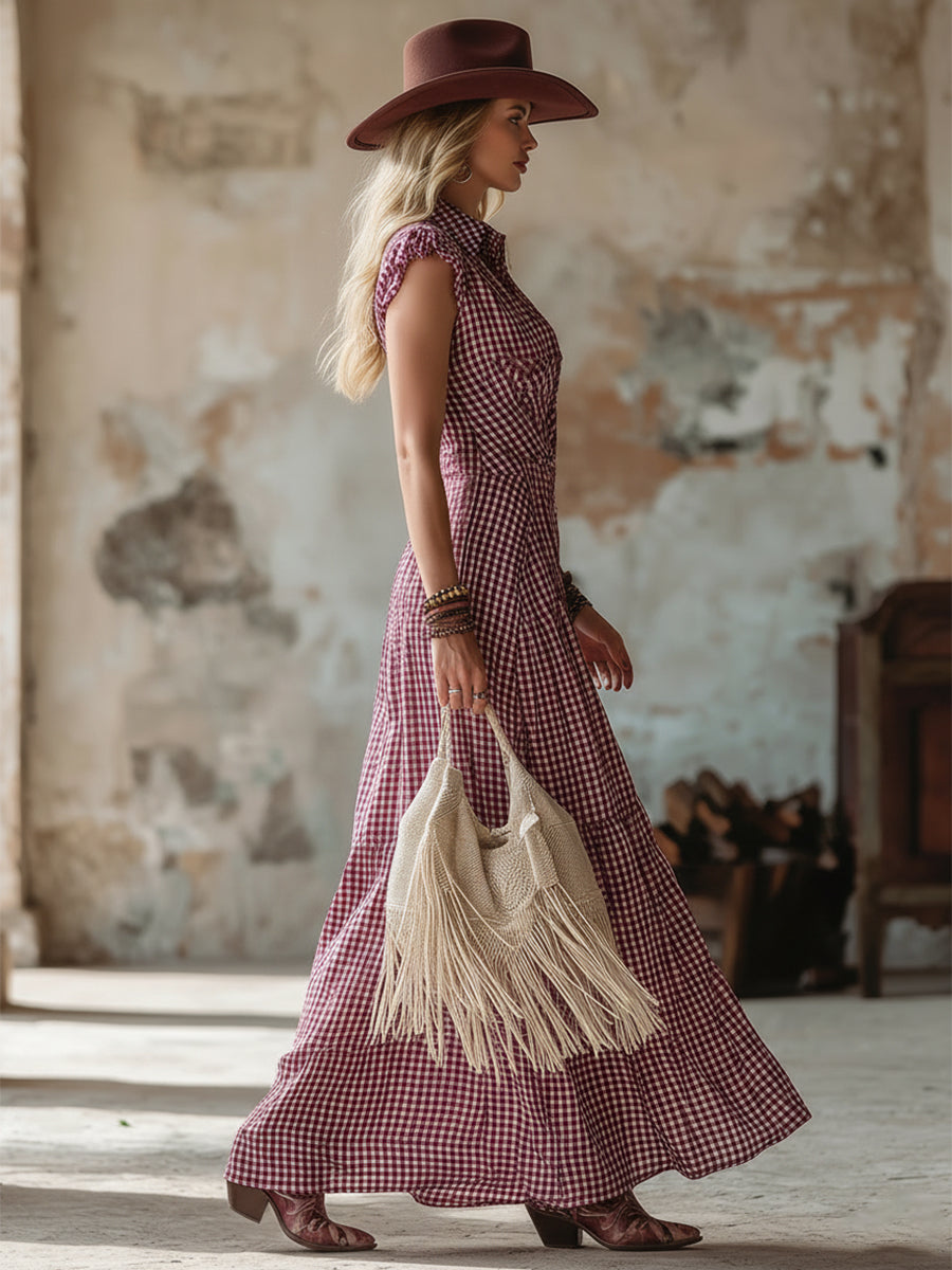 Stylish Western-style Red Checkered Lapel Sleeveless Maxi Dress