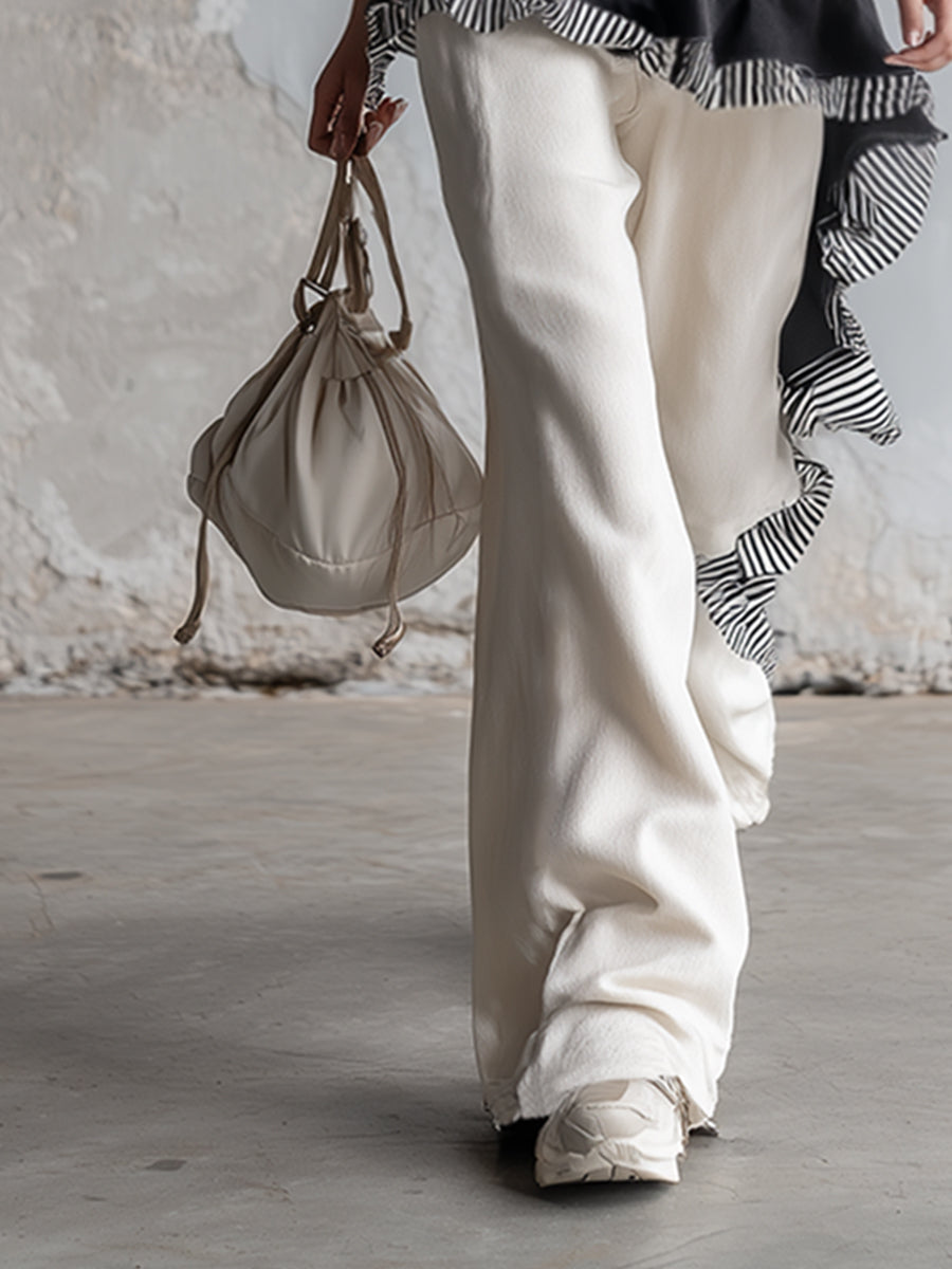 Casual Sporty Striped Black Hooded Vest And White Wide-leg Pants Set