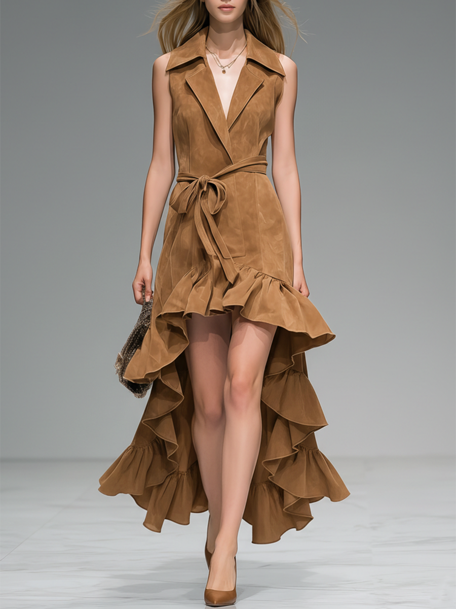 Fashionable Retro-style Collared Ruffled Sleeveless Faux Suede Maxi Dress