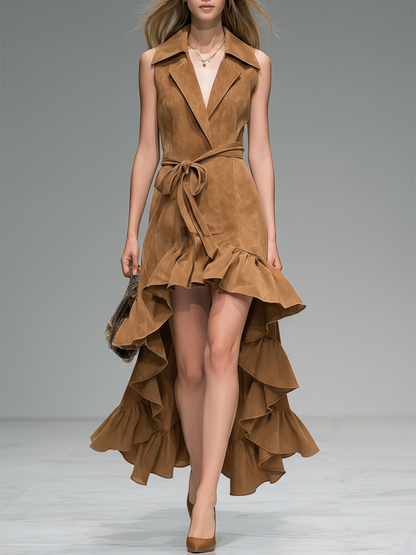 Fashionable Retro-style Collared Ruffled Sleeveless Faux Suede Maxi Dress