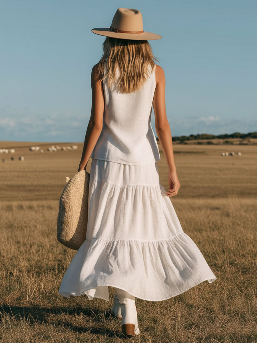 Cotton And Linen V-neck Sleeveless Top And Skirt Set