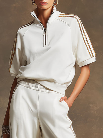 Casual Sporty Retro Gold Ribbon White Short-Sleeve Sweatshirt And Wide-Leg Pants Set