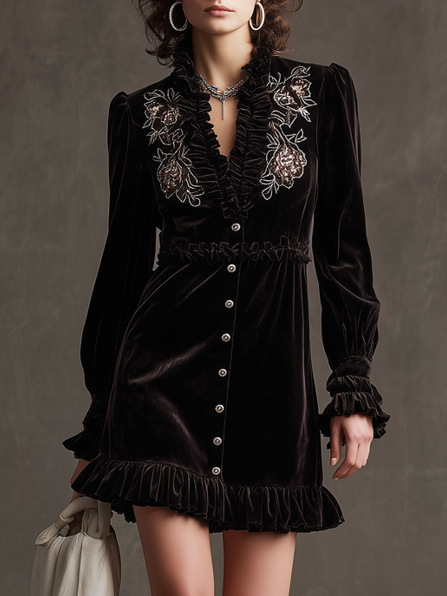 Vintage Floral Embroidered Dark Brown Velvet Long-sleeved Ruffle Mini Dress