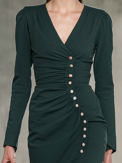 Vintage Green Pleated V-neck Button-down Midi Dress