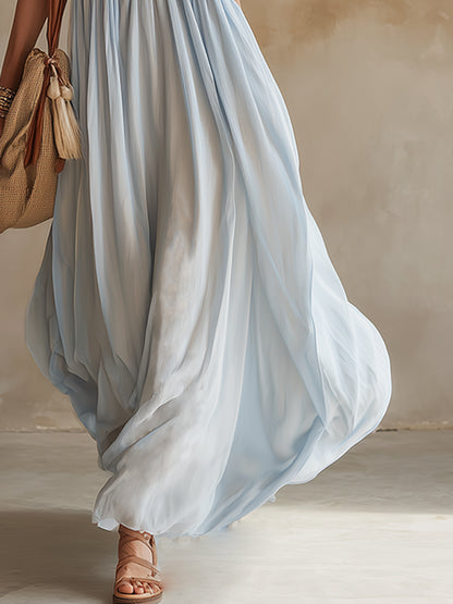 Bohemian-style Exquisite Embroidered Light Blue Chiffon Sleeveless Maxi Dress
