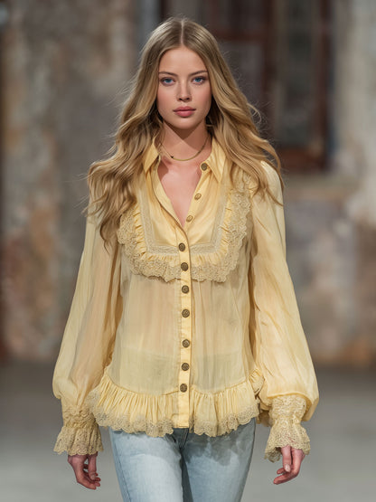 Casual Retro Yellow Cotton Blend Lace-trimmed Long-sleeved Shirt