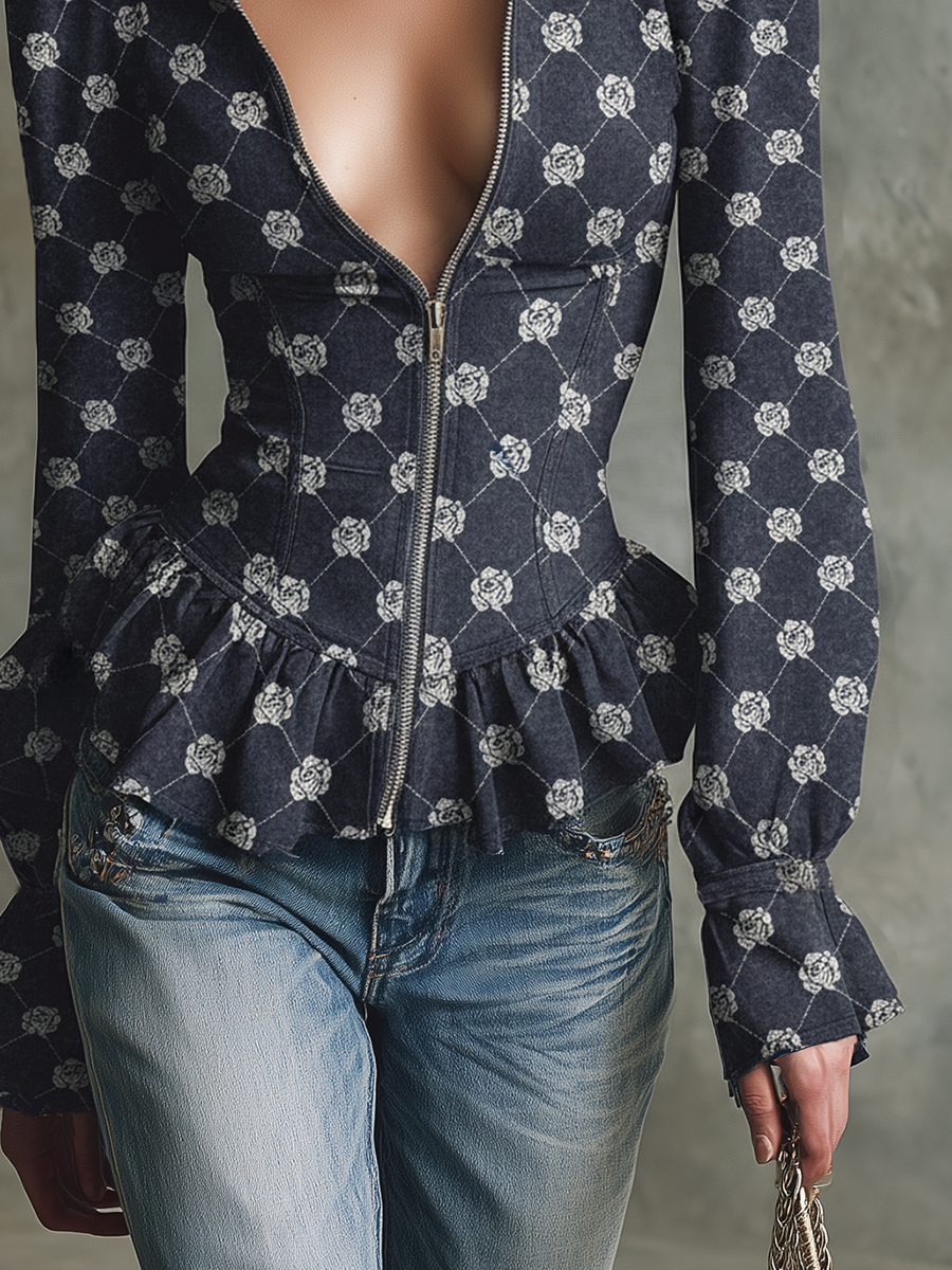 Trendy Rose-print Ruffled Hem Dark Blue Denim Jacket