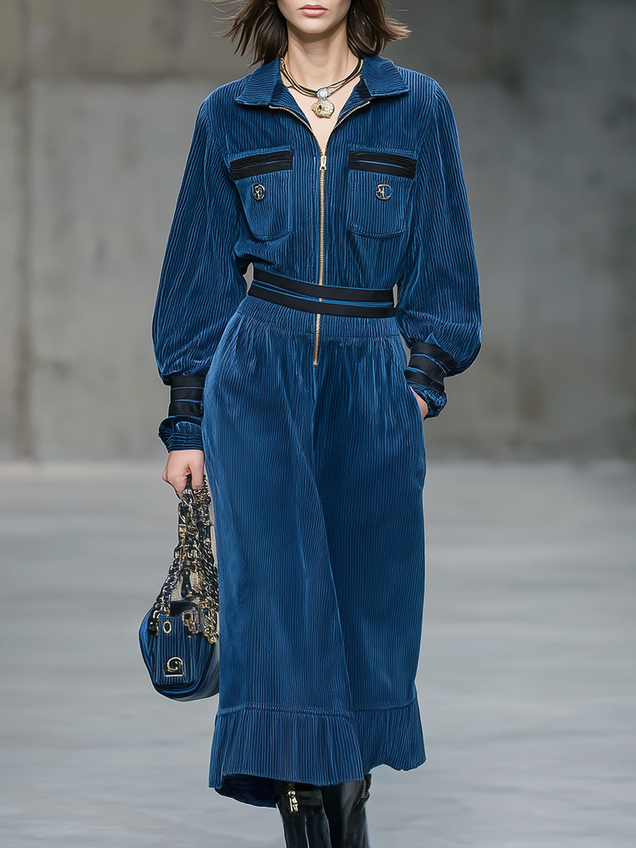 Blue Corduroy Dress With Black Webbing Zip Pockets Midi Dress