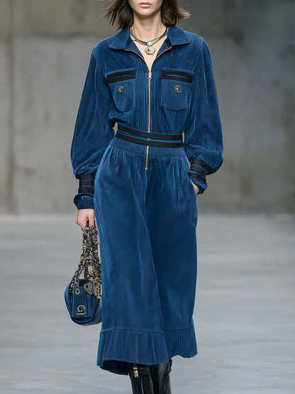 Blue Corduroy Dress With Black Webbing Zip Pockets Midi Dress