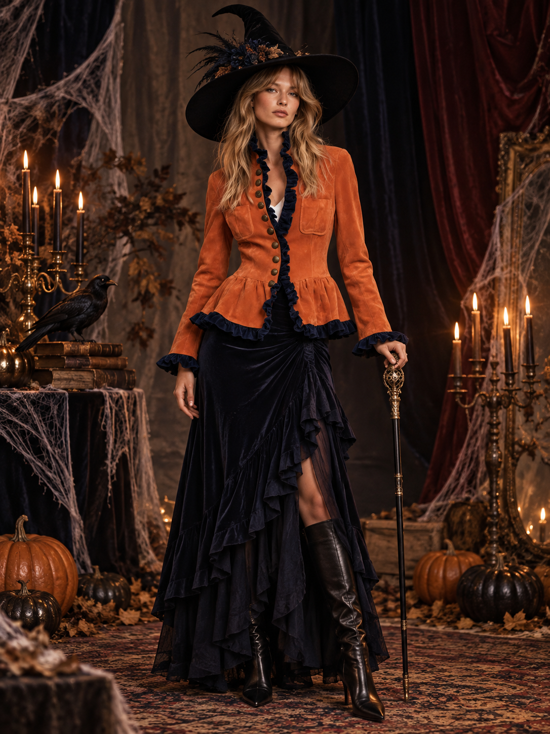 Retro Western Burnt Orange Faux Suede Navy Ruffle Trim Peplum Jacket