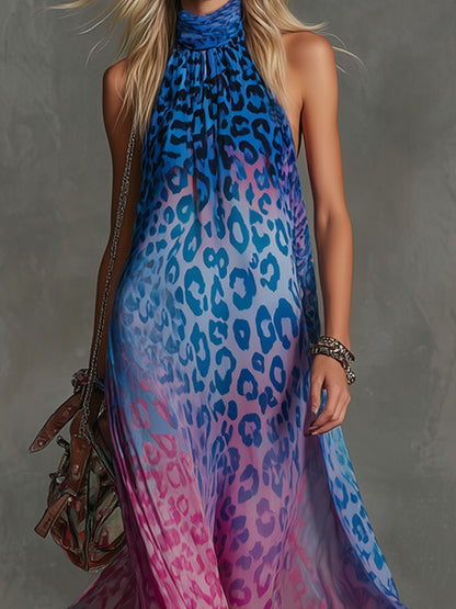 Gradient Leopard Print Chiffon High-neck Sleeveless Maxi Dress