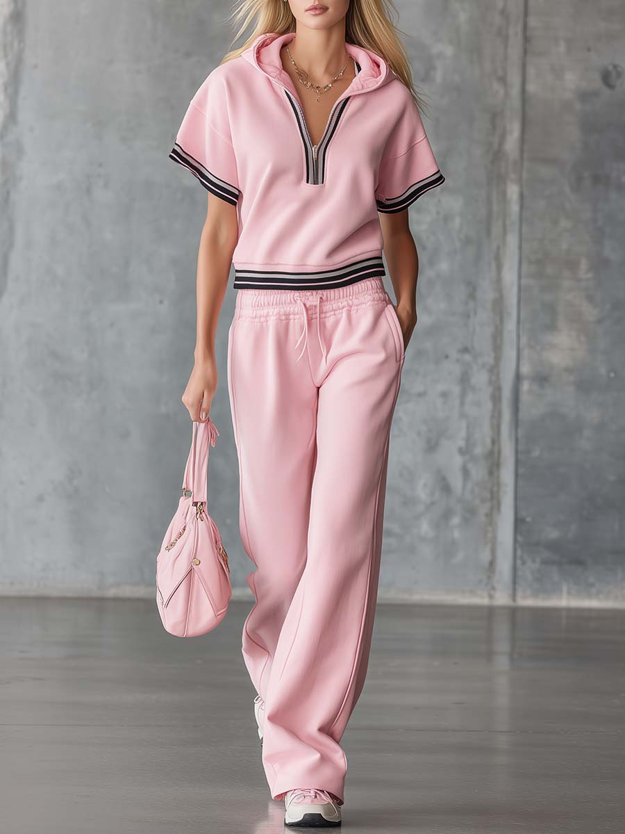 Elegant Fashion Sporty Hooded Front Zipper Short-sleeved Pink Cotton Top And Pants Set