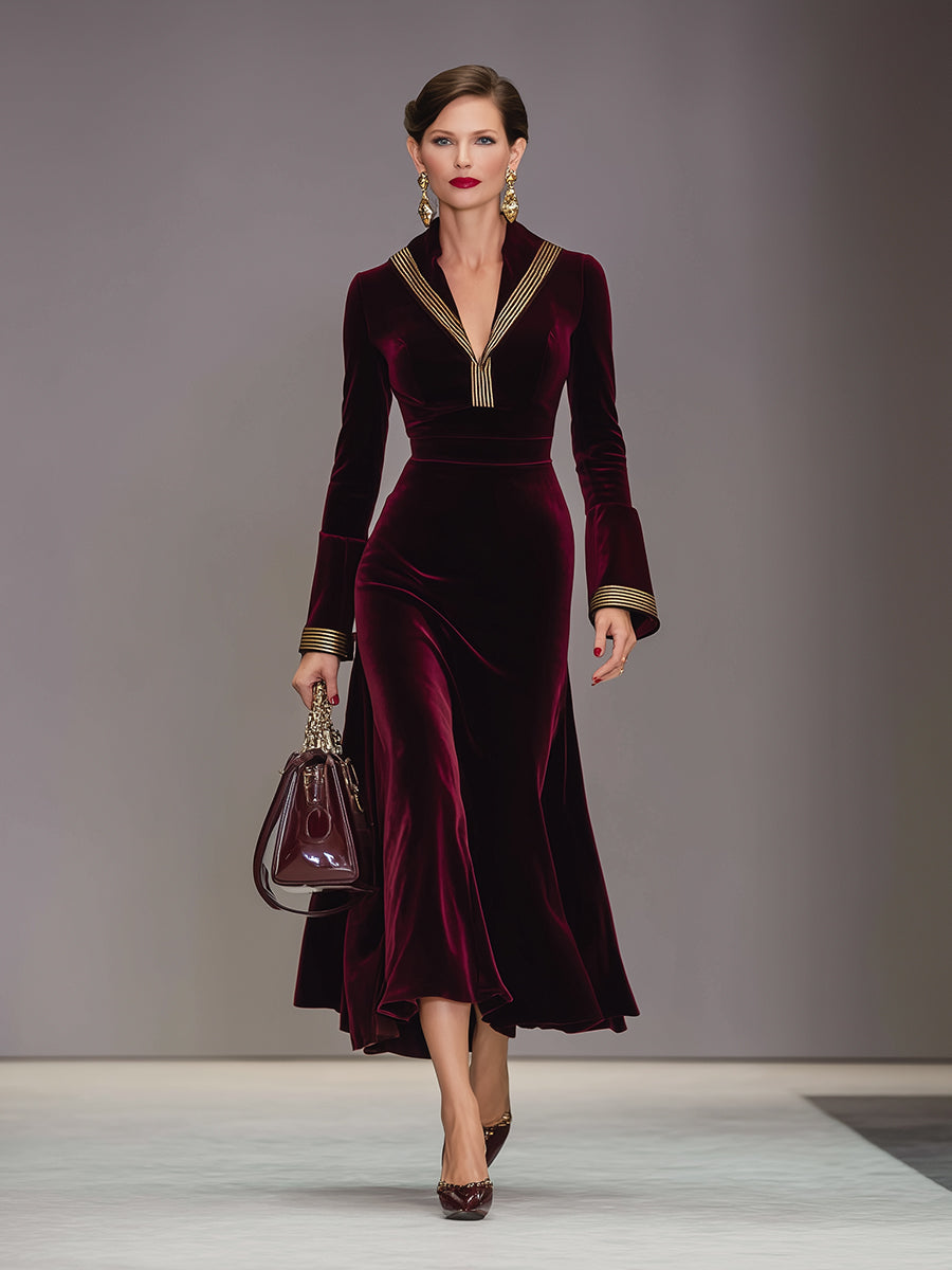 Elegant Angolan Red Velvet Patchwork Gold Ribbon Midi Dress