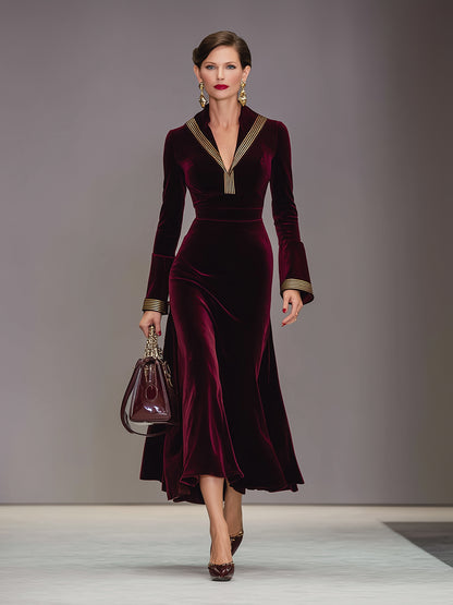 Elegant Angolan Red Velvet Patchwork Gold Ribbon Midi Dress