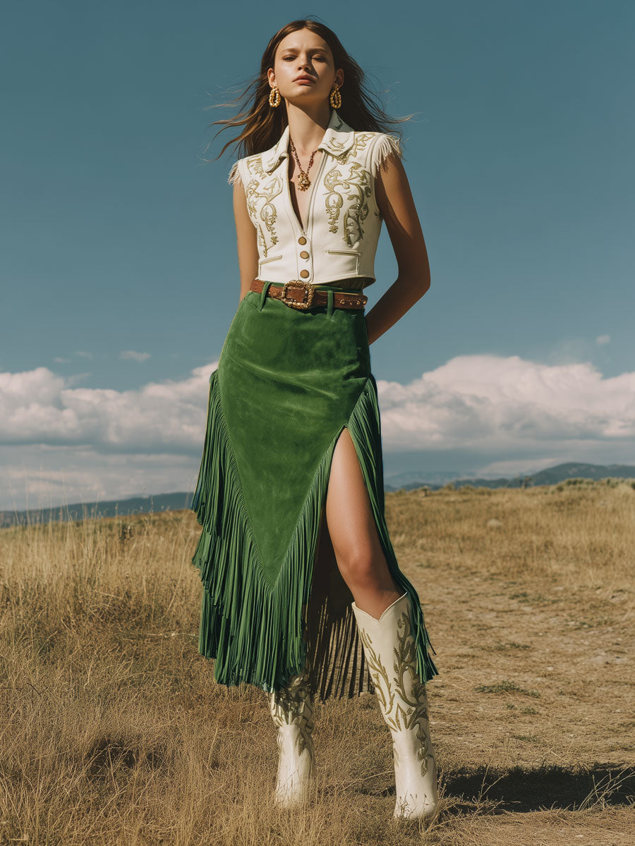 Western Retro Green Fringed Faux Suede Midi Skirt
