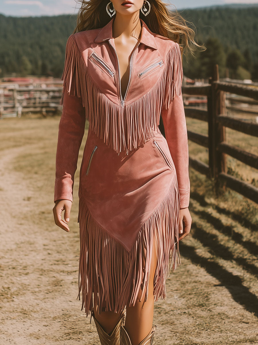 Western Retro Long-Sleeved Pink Faux Suede Tassel Zipper Midi Dress