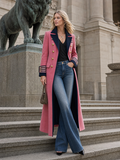 Elegant And Classic Lapel Collar Double-breasted Contrast Detailing Long Tweed Coat