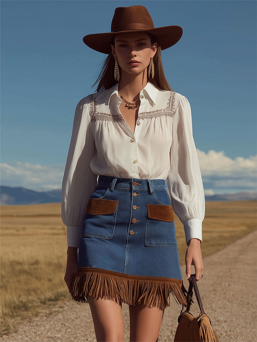 Western Retro Blue Denim Patchwork Brown Faux Suede Tassel Mini Skirt