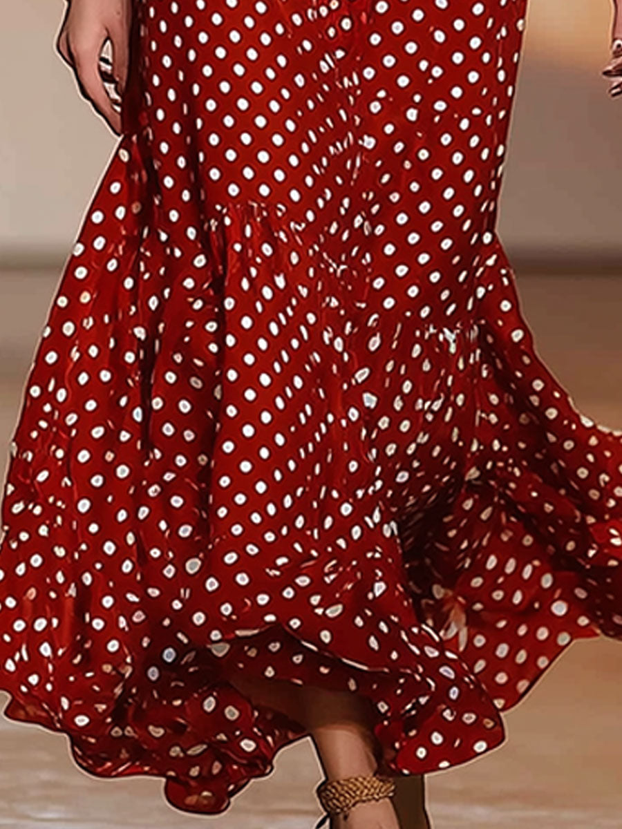 Stylish And Retro White Polka Dot Red Cotton Maxi Dress