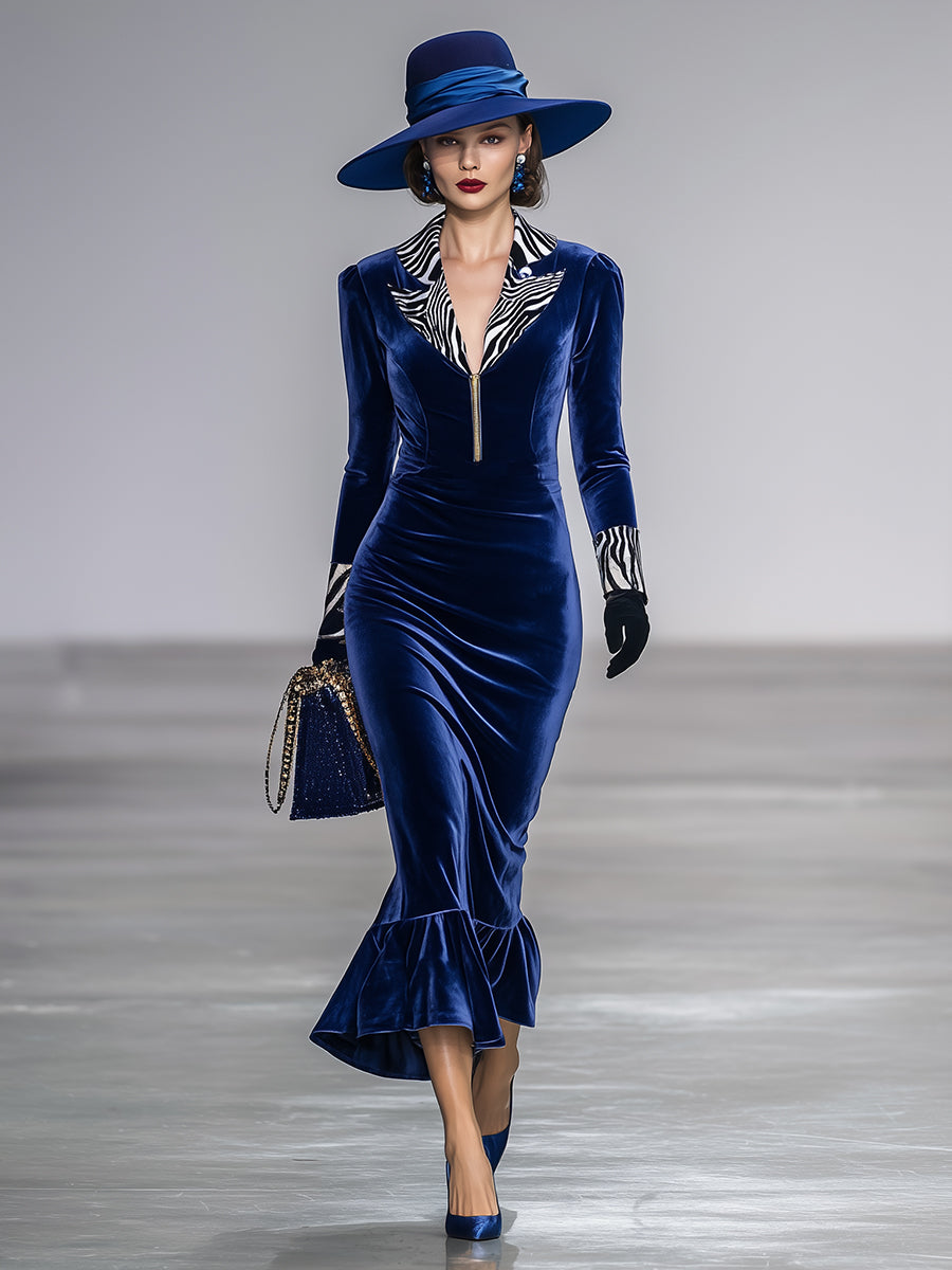 Elegant Sapphire Blue Velvet Patchwork Zebra Print Midi Dress