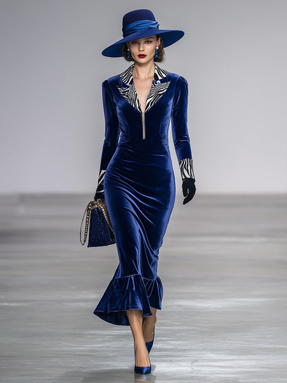 Elegant Sapphire Blue Velvet Patchwork Zebra Print Midi Dress