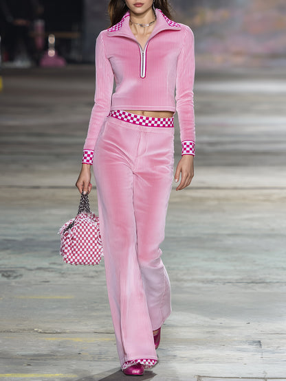 Stylish Pink Corduroy Patchwork Plaid Top And Long Pants Set