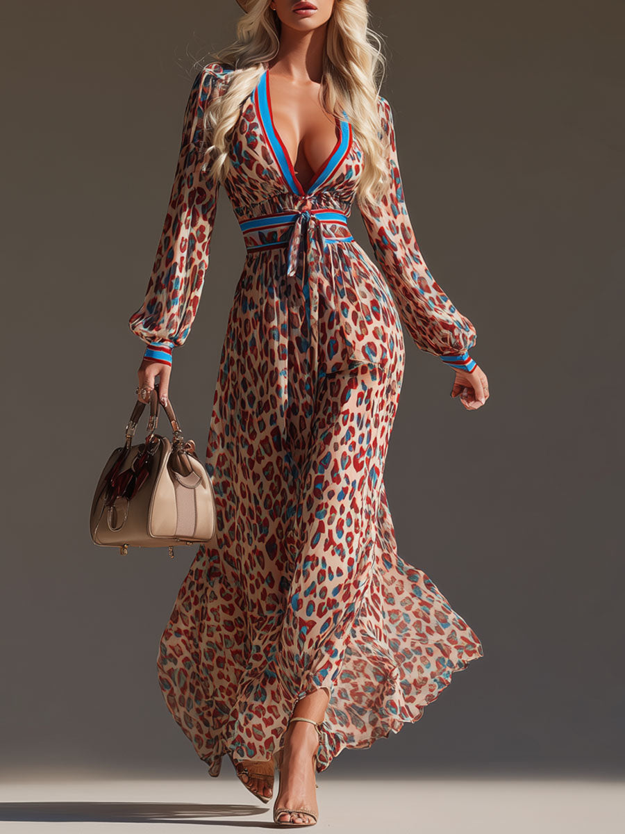 V-neck Color-blocked Leopard Print Chiffon Long-sleeved Maxi Dress