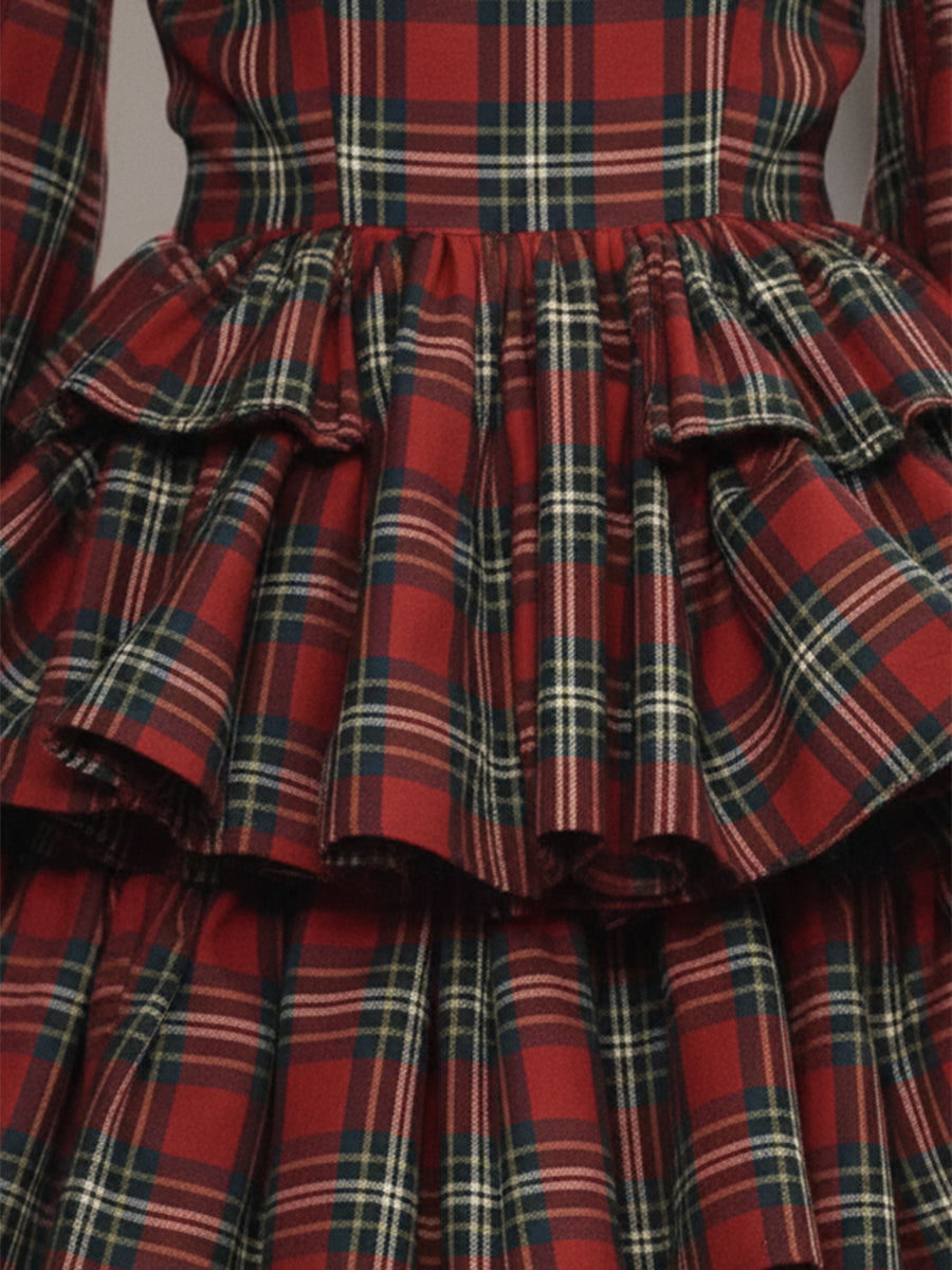 Western-style High-neck Red Plaid Ruffled Mini Dress