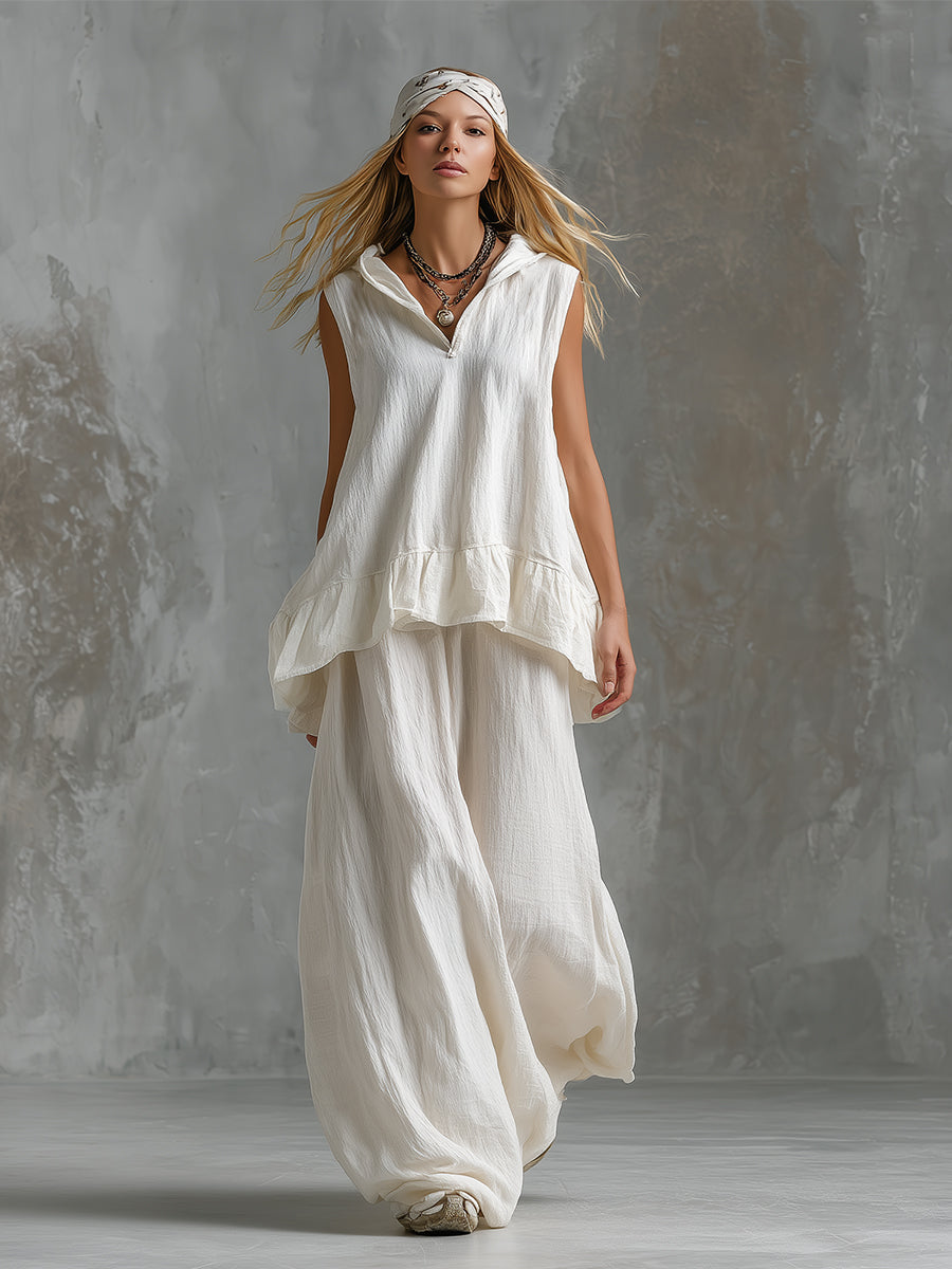 Elegant And Minimalist White Cotton And Linen Sleeveless Hooded Vest And Wide-leg Pants Set