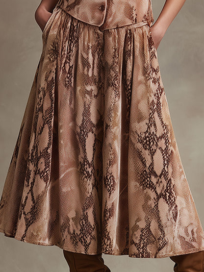 Stylish Retro Pink-brown Snakeskin Print Velvet Vest And Skirt Set