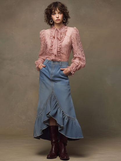 Western Retro Pink Lace Ruffled Long-Sleeved Shirt